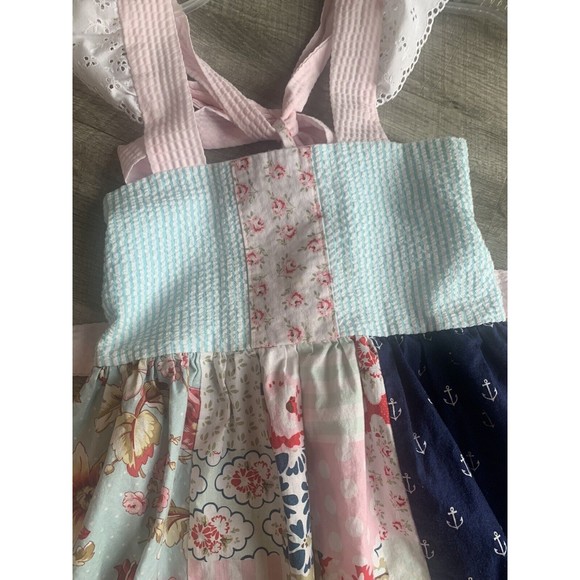 Girls Handmade Twirl Knit Dress Multi Fabric Size 8 Dress Tie Back Cap Sleeves - Picture 6 of 9